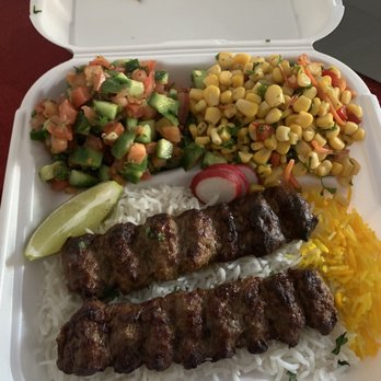Corner Kebab - Beef Lule Kebab Plate with pita. Sides are shirazi salad and Corn Salad - Mediterranean Near Me - San Fernando, California
