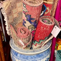 Fabulous- vintage blue & white planter & wooden plant stand. We have a wonderful selection of small rugs !