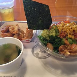 Poke Poku - Hawaiian Poke Bar - Medium poke bowl with miso soup and gyoza. Free gyoza for their soft opening!