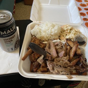 Da Tiki Hut - Combo plater with Maui Brewing Co. Coconut Hiwa Porter. - Hawaiian Near Me - Tacoma, Washington