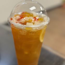 The Fifth District Noodles & Tea - Passion fruit pineapple bubble tea with crystal boba and rainbow jelly