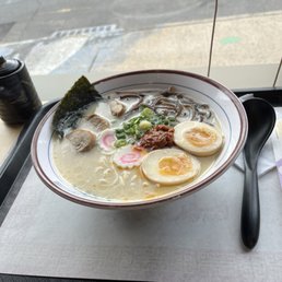 Spicy tonkotsu ramen with chicken and egg