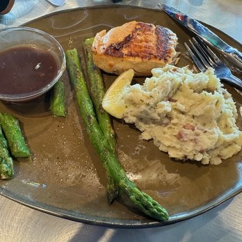 Septembers Taproom & Eatery - I should have taken this photo before I dove in, but you get the picture. Grilled salmon, mash with gravy on the side and asparagus. - Sports Bars Near Me - Perris, California Septembers Taproom & Eatery - I should have taken this photo before I dove in, but you get the picture. Grilled salmon, mash with gravy on the side and asparagus. - Sports Bars Near Me - Perris, California