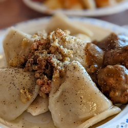 8 perogies + meatballs