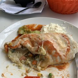 Vegetarian burrito full of soggy frozen vegetables, store bought guacamole and chips :( Vegetarian burrito full of soggy frozen vegetables, store bought guacamole and chips :(