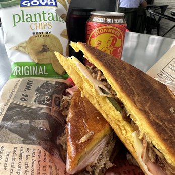 Havana's Cuisine - Media Noche Midnight Sandwich, plantain chips and a Cuba soda (Ironbeer) - Cuban Near Me - Central West, Missouri Havana's Cuisine - Media Noche Midnight Sandwich, plantain chips and a Cuba soda (Ironbeer) - Cuban Near Me - Central West, Missouri