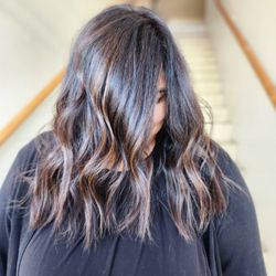 In the Chair Beauty Salon by Viviana - Dark brown and caramel balayage medium wavy hair | Expert Color & Styling in Palm Springs, Desert Hot Springs, Coachella Valley