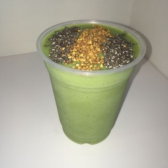 R-Cafe - Lean Green Machine  Almond milk, banana, kale, pineapple, spinach topped with bee pollen (chia seeds too in picture) - Juice Bars & Smoothies Near Me - Delray Beach, Florida