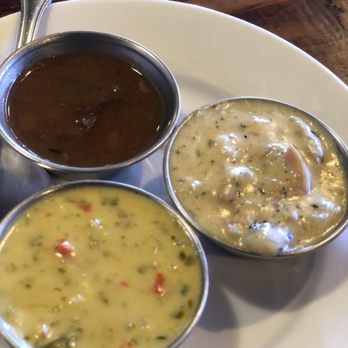Anaya's Seafood Scratch Kitchen - Gumbo, queso broccoli and clam chowder sampler. #Yum - Seafood Near Me - Dallas, Texas