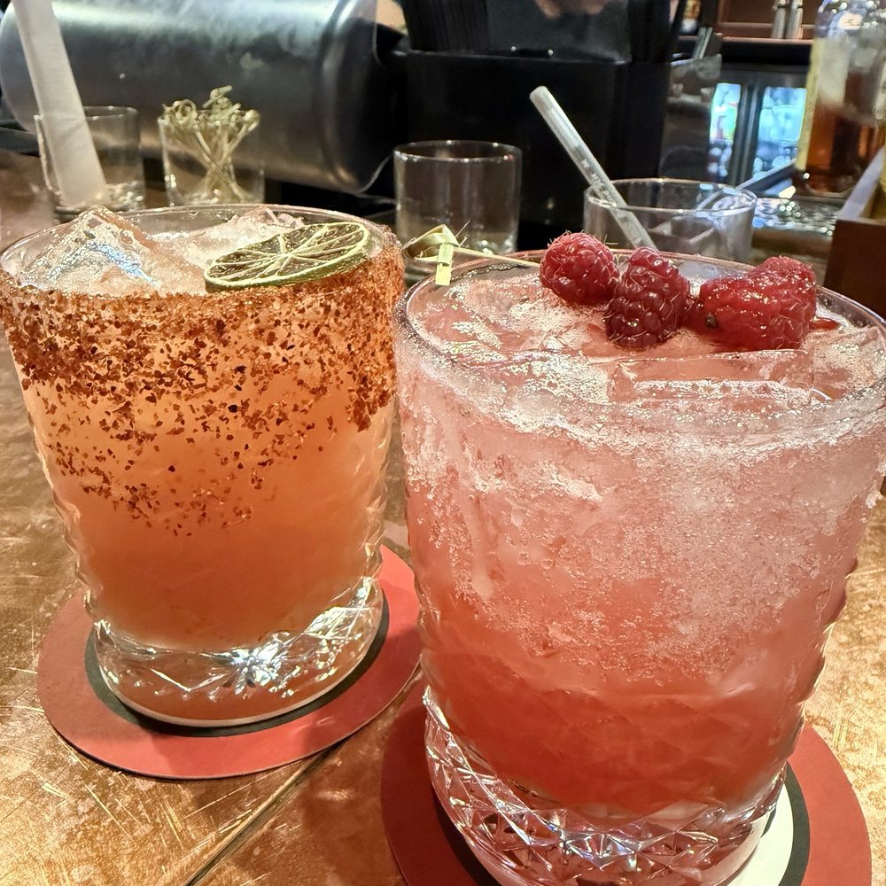 Finney's Crafthouse - Guava margarita on left side and raspberries smash on right side - New American Near Me - Brea, California