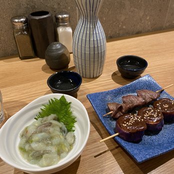 Yakitori Totto - Tako wasa, hot sake, chicken hatsu (heart), and yaki nasu miso dengaku (eggplant with miso paste) - Japanese Near Me - Somerville, Massachusetts