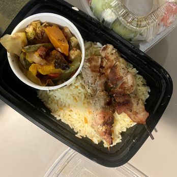 Athena Grill - Chicken Souvaki Plate (includes two chicken skewers, rice, roasted veggies, and a Greek salad with dressing) - Greek Near Me - Santa Clara, California Athena Grill - Chicken Souvaki Plate (includes two chicken skewers, rice, roasted veggies, and a Greek salad with dressing) - Greek Near Me - Santa Clara, California