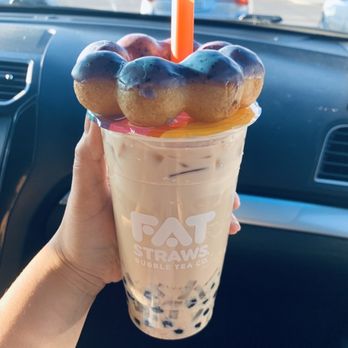 Fat Straws Boba & Mochi Donuts - Classic Milk Tea with boba ans lychee jelly  Blueberry chew puff - Bubble Tea Near Me - Dallas, Texas