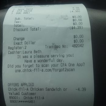 Chick-fil-A - Receipt - Fast Food Near Me - Cheektowaga, New York Chick-fil-A - Receipt - Fast Food Near Me - Cheektowaga, New York