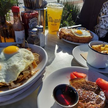 FÃ me Caffe - Left: Chilaquiles Right: Side order of french toast Top: Bottomless Pineapple juice, Monte Cristo and rosemary potatoes. - Coffee & Tea Near Me - Phoenix, Arizona FÃ me Caffe - Left: Chilaquiles Right: Side order of french toast Top: Bottomless Pineapple juice, Monte Cristo and rosemary potatoes. - Coffee & Tea Near Me - Phoenix, Arizona