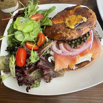 La Terraza Cafe - Lox bagel + salad with lemon meringue vinaigrette - Cafes Near Me - Los Angeles, California