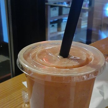 Lula's Cafe - Just Peachy. Peach, mango, pineapple, strawberry, ginger, coconut milk, apple juice. Chunky. Seeds. Strawberry forward. - Cafes Near Me - Shelby Township, Michigan