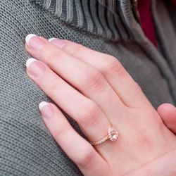 RGB Nail Salon - Engagement photo nails - natural looking fake nails with an oval french tip.
