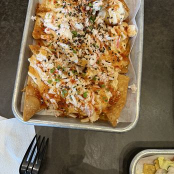 Loaded Elevated Nachos - "World Famous" Crab Rangoon  Tray- snack size - New American Near Me - St. Charles, Missouri