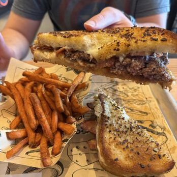 Elite Experience: The Melt - Patty Melt w/ bacon added & sweet potato fries - Yelp Events Near Me - Brea, California
