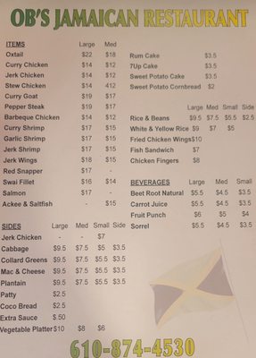 Menu photo 1 Ob's Jamaican Restaurant Chester, PA