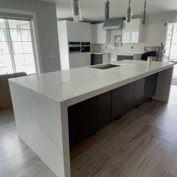 Mokastile - Custom countertop made with Quartz stone white calacatta
125" X 65" Island 
With 3" miter edge and water fall both side - Countertop Installation Near Me - San Leandro, California