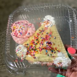 Creamy Crepes - Crepe Filling: bananas and marshmallow cream Toppings: whipped cream and rainbow sprinkles Side: strawberry ice cream