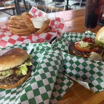 Dirty Martin's Place - Double KumBak burger with cheese, large and small and Homemade Onion Rings - Burgers Near Me - Austin, Texas Dirty Martin's Place - Double KumBak burger with cheese, large and small and Homemade Onion Rings - Burgers Near Me - Austin, Texas