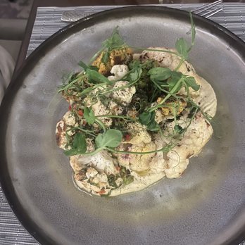 Raya - Roasted Romanesco Cauliflower with cashew purée and chimichurri, so good! - Seafood Near Me - Dana Point, California