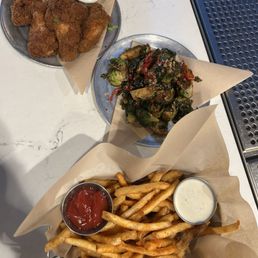 Brussels Sprouts, Mango Habanero Wings, sriracha fries Brussels Sprouts, Mango Habanero Wings, sriracha fries