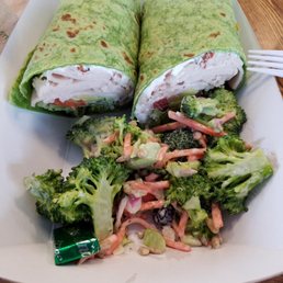 "California Wrap" and Broccoli Salad side with a mint candy. "California Wrap" and Broccoli Salad side with a mint candy.