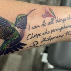 Dark Age Tattoo - Fort Worth - Favorite Bible verse, hummingbird and flower.