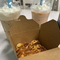Lavender oolong tea with whipped cream, strawberry mango slushie with whipped cream, and half&half fried dumplings