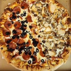 Pizza 21 - X-large 1/2 pepperoni and olives and the other half is chicken and mushrooms.