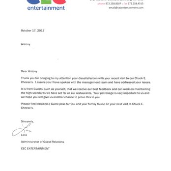 Chuck E. Cheese - Refer to review posted 11/16/2017 - Pizza Near Me - Lancaster, California