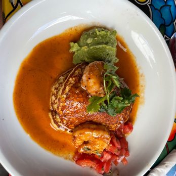 Coyote Cafe - Griddled Corn Cakes, Jumbo Prawn, Chipotle Butter, Salsa Fresca, Guacamole - New American Near Me - Santa Fe, New Mexico