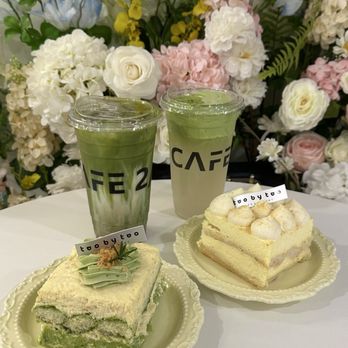 Cafe  2BY2 - Matcha Coffee Latte, Matcha Coconut Cloud, Pandan Coconut Tiramisu, and Durian Soybean Tiramisu - Desserts Near Me - New York, New York