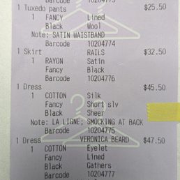 Receipt. Oddly, she listed clothing brands. Maybe to justify price gouging. Receipt. Oddly, she listed clothing brands. Maybe to justify price gouging.