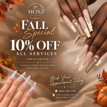 Moxi Nails & Spa - %
Valid through
Show this coupon to redeem - Nail Salons Near Me - Orange Park, Florida Moxi Nails & Spa - %
Valid through
Show this coupon to redeem - Nail Salons Near Me - Orange Park, Florida