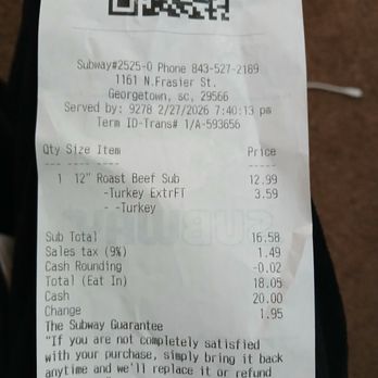 Subway - It is the price I was charged for 1 Subway club with no ham. I did not get EXTRA TURKEY. CHEATED ME - Sandwiches Near Me - Georgetown, South Carolina Subway - It is the price I was charged for 1 Subway club with no ham. I did not get EXTRA TURKEY. CHEATED ME - Sandwiches Near Me - Georgetown, South Carolina