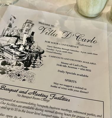 Menu photo 1 Villa D' Carlo Restaurant Kenosha, WI Menu photo 1 Villa D' Carlo Restaurant Kenosha, WI