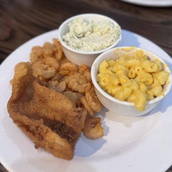 Southern Spice Cuisine - Small flounder filet and shrimp with side of white slaw and mac an cheese. - Southern Near Me - Bermuda Run, North Carolina Southern Spice Cuisine - Small flounder filet and shrimp with side of white slaw and mac an cheese. - Southern Near Me - Bermuda Run, North Carolina