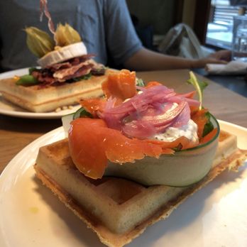 Nero Waffles - Smoked Salmon Waffle, refreshing dill sauce! Great presentation once again - Waffles Near Me - Vancouver, British Columbia Nero Waffles - Smoked Salmon Waffle, refreshing dill sauce! Great presentation once again - Waffles Near Me - Vancouver, British Columbia