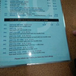 Menu with pho Menu with pho