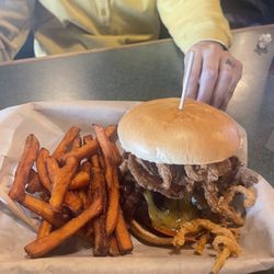 The Greene Turtle Sports Bar & Grille - Cowboy Burger with Side Sweet Potato Fries