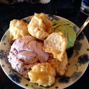 Sushi Cafe - Tempura banana with red bean & green tea ice cream - my favorite! ($5.95) - Japanese Near Me - Renton, Washington Sushi Cafe - Tempura banana with red bean & green tea ice cream - my favorite! ($5.95) - Japanese Near Me - Renton, Washington