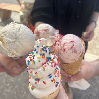 Treat - Vanilla Soft serve cone with sprinkles.  Ooey Gooey Butter Cake Scoop - Desserts Near Me - Vancouver, Washington