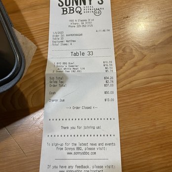 Sonny's BBQ - Receipt, amazingly low price.. - Barbeque Near Me - Albany, Georgia Sonny's BBQ - Receipt, amazingly low price.. - Barbeque Near Me - Albany, Georgia
