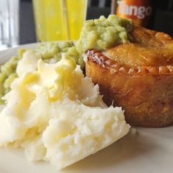 The British Chip Shop - Pork Pie, mashed potatoes, mushy peas and a Tango orange soda