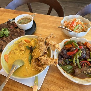 Basil & Co - Crying tiger, Crispy Jumbo Soft Shell crab with curry, Eggplant Basil, Som Tom - Thai Near Me - Diamond Bar, California